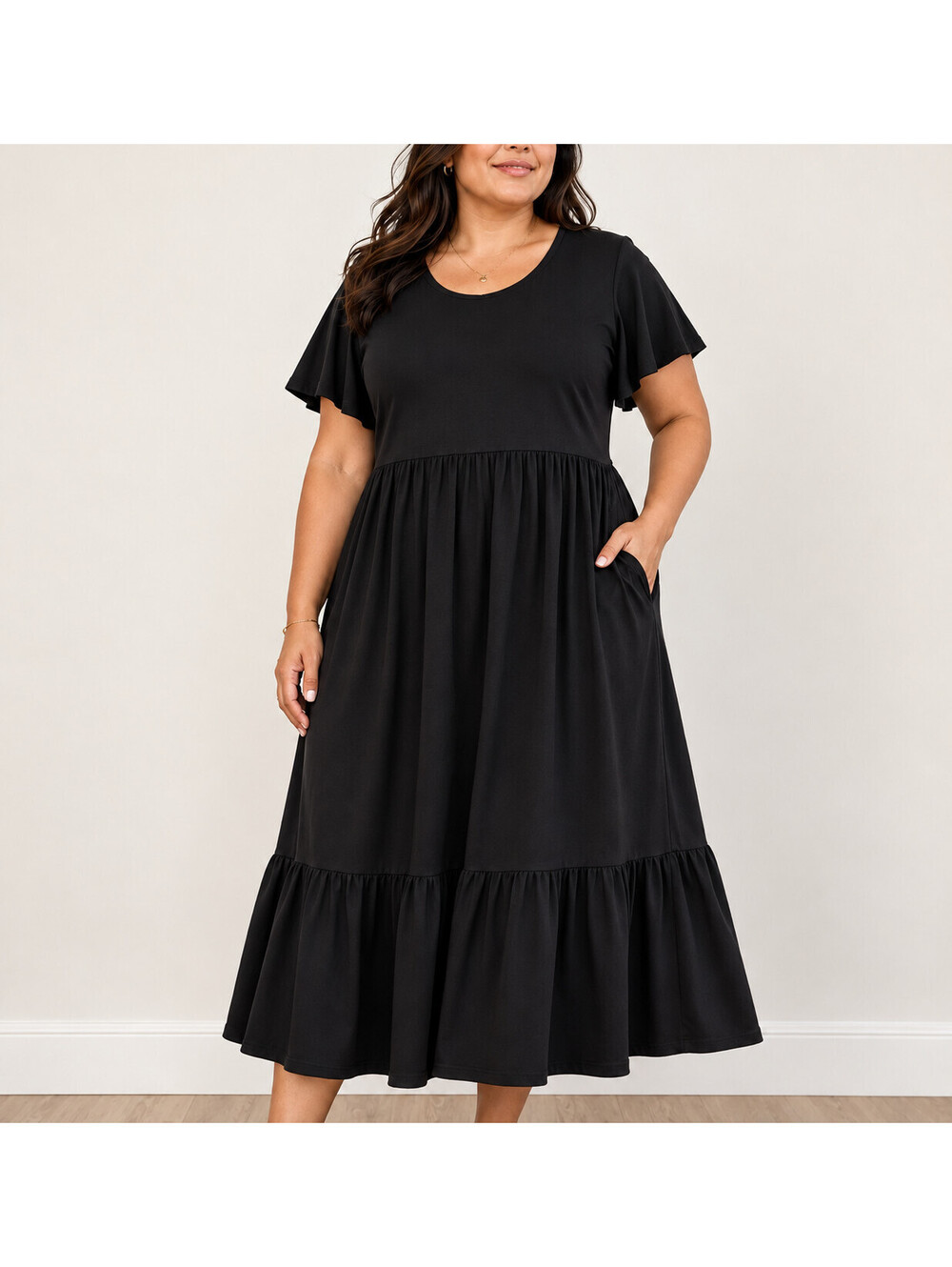 Isaac Mizrahi Live! Regular Flutter Sleeve Tiered Midi Dress Solid Black,Size 1X